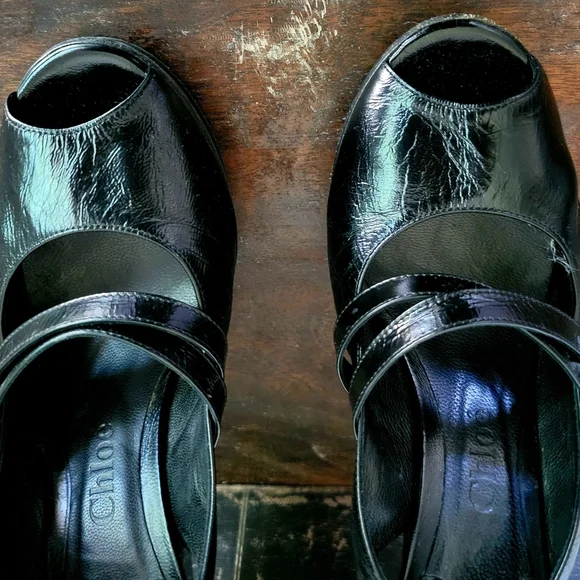 Chloe Black Patent Leather Slingback Heels with Silver Buckles Size 7 - Picture 5 of 6